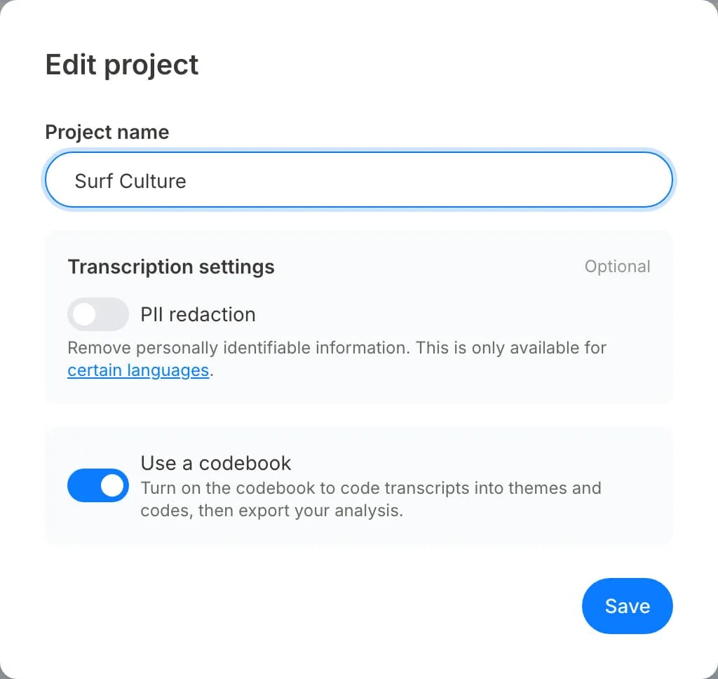 Turn on the codebook for a project